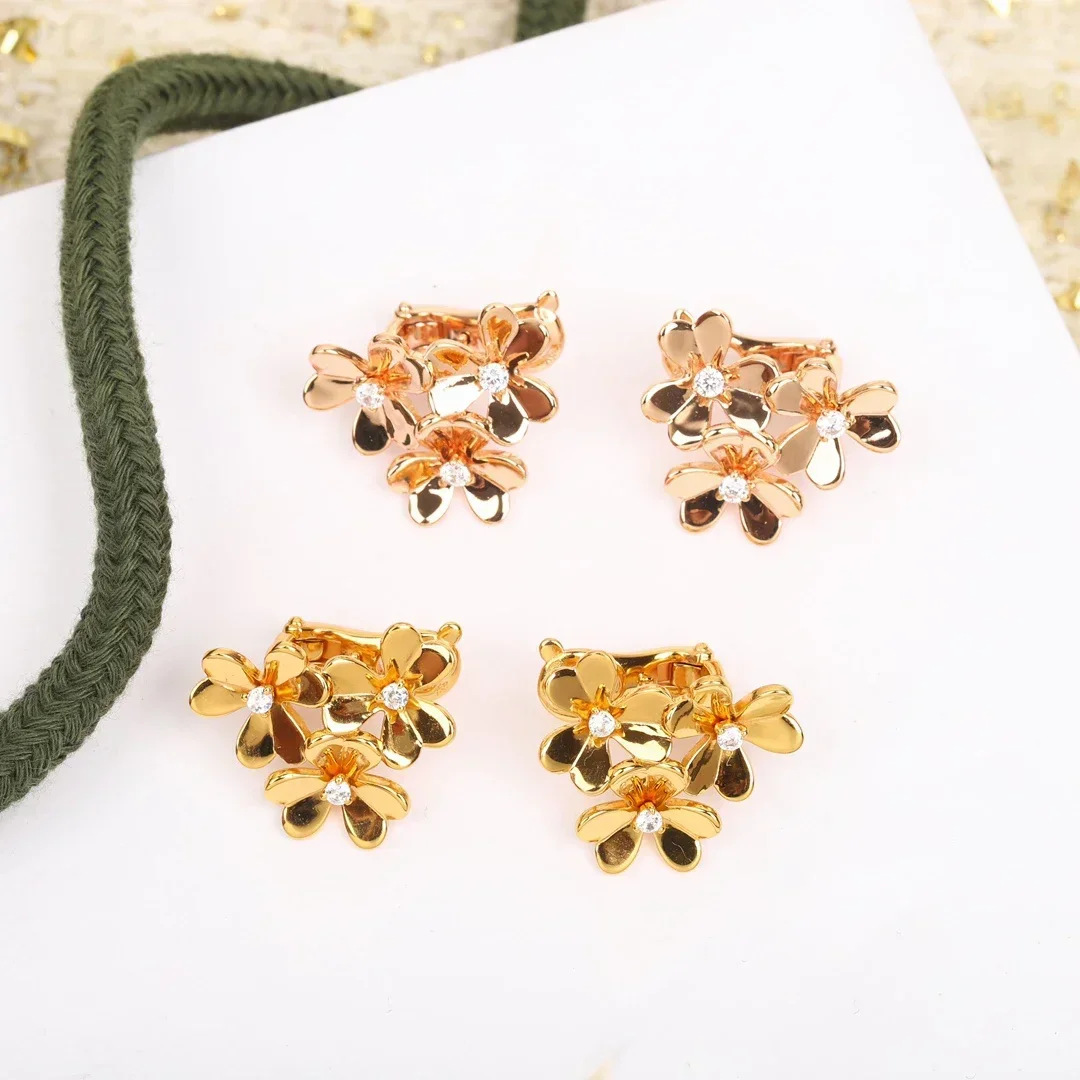 Europe Designer Brand Rose Gold Three Flowers Clover Luxury Earrings Women Top Quality Fine Jewelry Trend