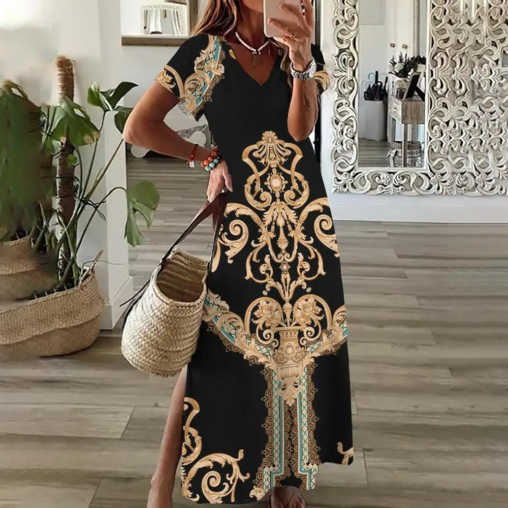 

Bohemian V-Neck Women's Dresses Summer Slit Elegant Long Dress Vintage Geometric Print Summer Clothing Loose Streetwear 2024 New