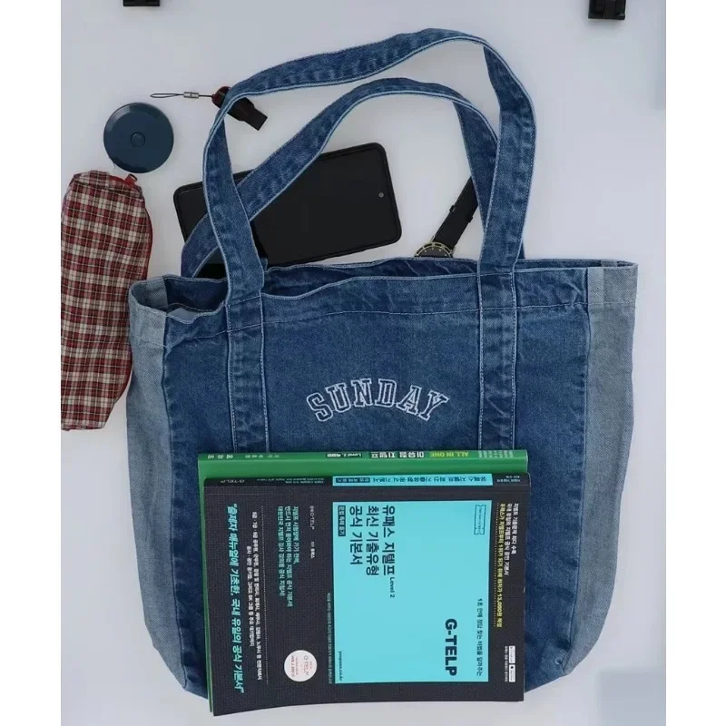Large Capacity Canvas Shopping Bag Simple Portable Commuting Bag Denim Shoulder Bag