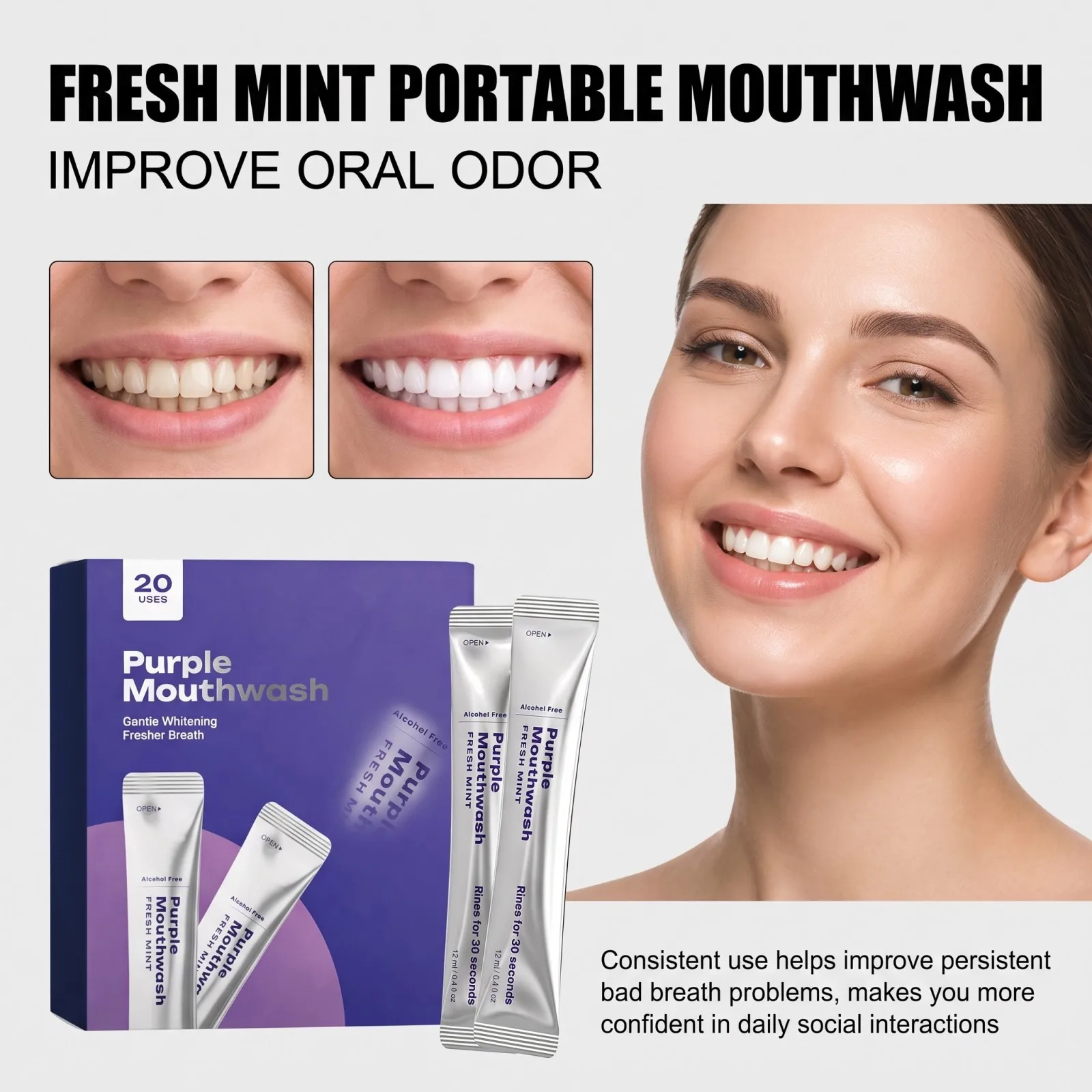 Portable Purple Mouthwash Sachets Fresh Mint Oral Rinse Long Lasting Fresh Breath Gentle Brightening Dental Care 20 Pack
