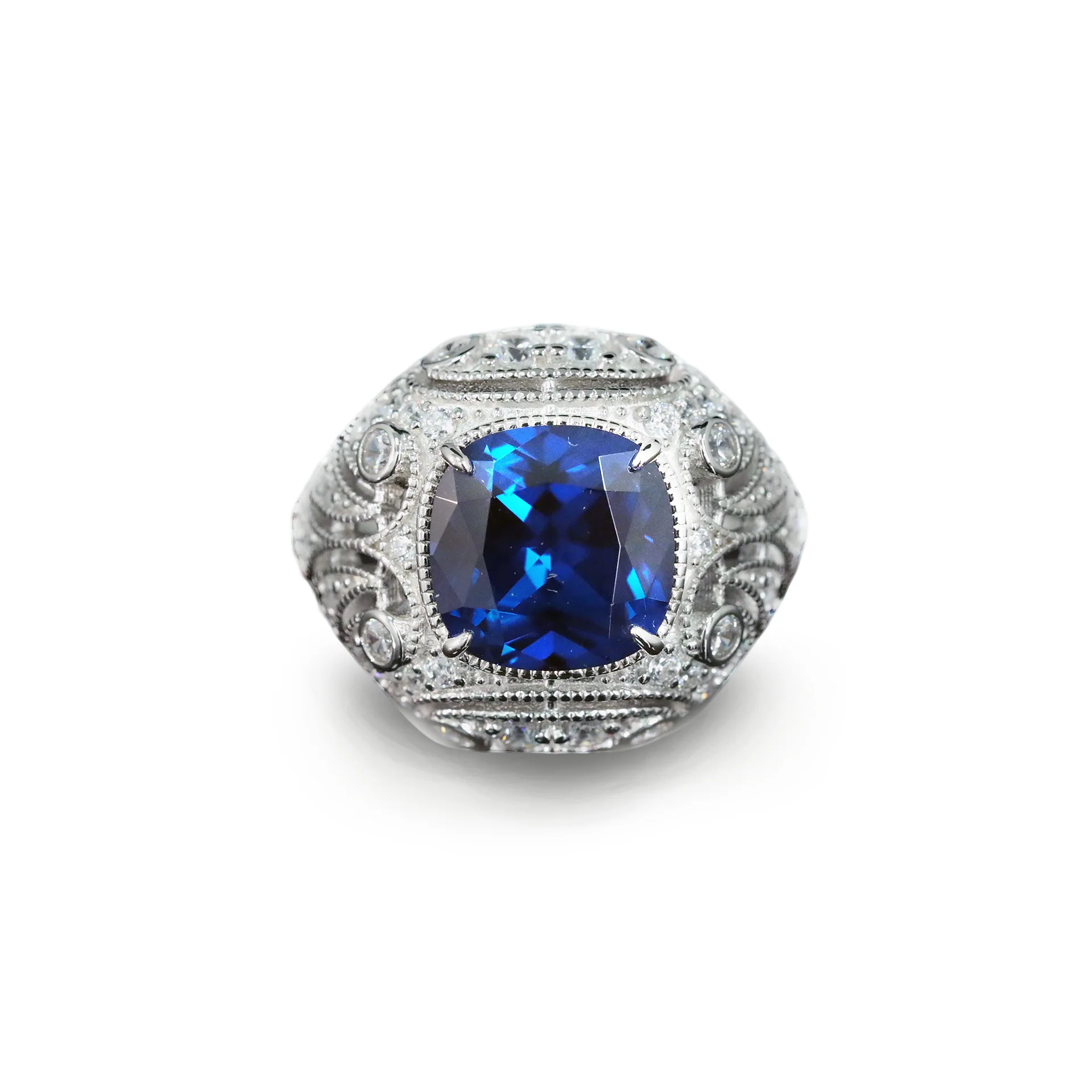 

New S925 silver high carbon diamond synthetic blue corundum Edwardian period Western antique cutting ring wedding jewelry