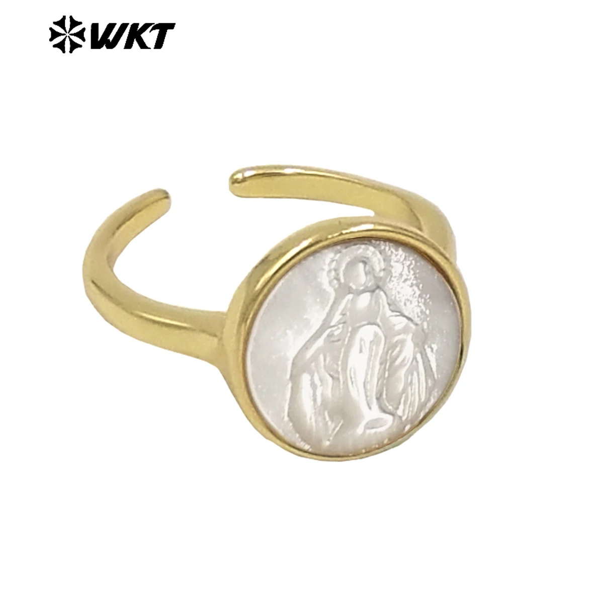 WT-MPR091 New Natural White Shell Round Shape Can Be Adjustable Yellow Brass Rings Religious Charms Decorated