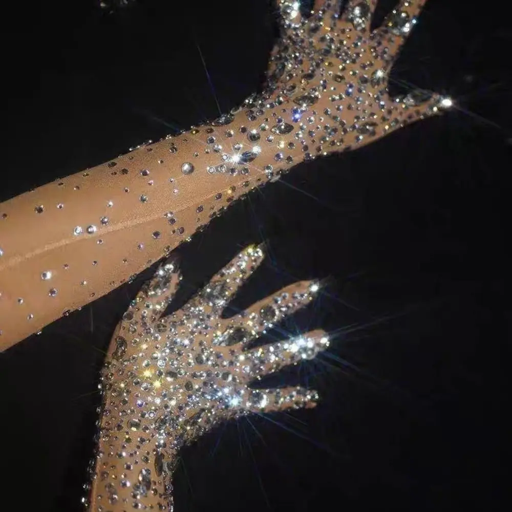 

Sparkling Rhinestone Gloves Luxurious Trendy Crystal Mesh Gloves Stretch Wedding Gloves Dancer Singer Stage Wear Accessories