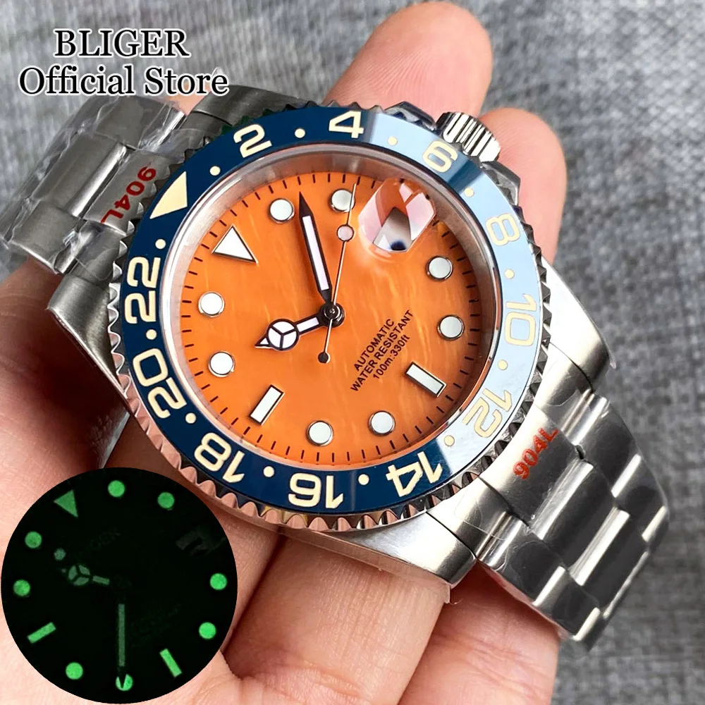 BLIGER 24 Jewel NH35A Automatic Men's Watch Sapphire Glass Stainless Steel Brushed Steel Bracelet Orange Shell Dial Luminous