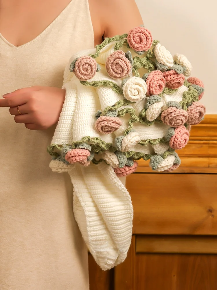 

Mlife Handmade Knitted Rose Flower Blanket Cozy Bede Nap Blanket French Sle Warm Acrylic Fiber Plant Pattern Universal Use