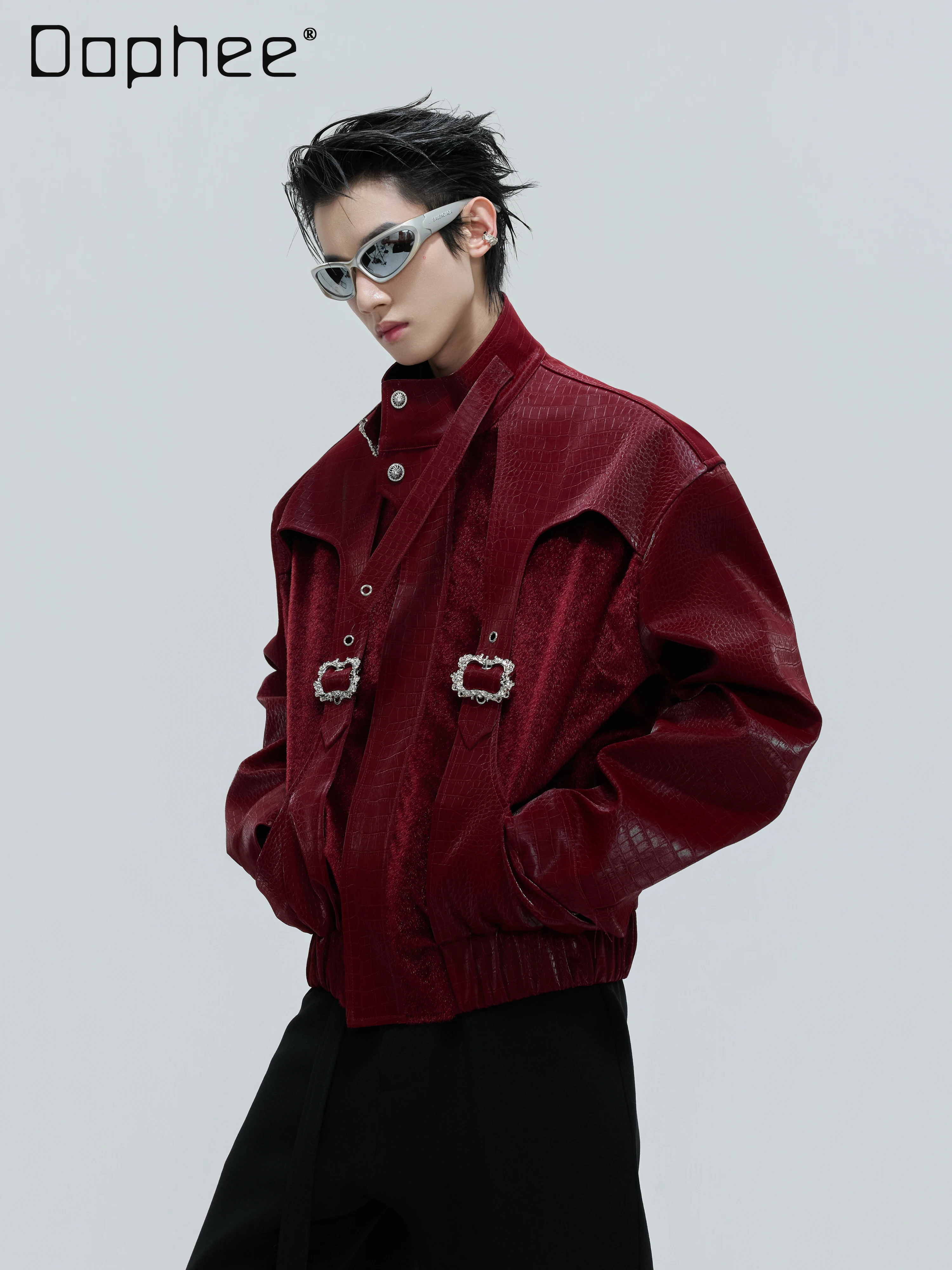 2025 جديد الرجال نمط التمساح الموازين سترة جلدية قصيرة حمراء الوقوف طوق الموهير الربط تصميم سترة سوداء #1