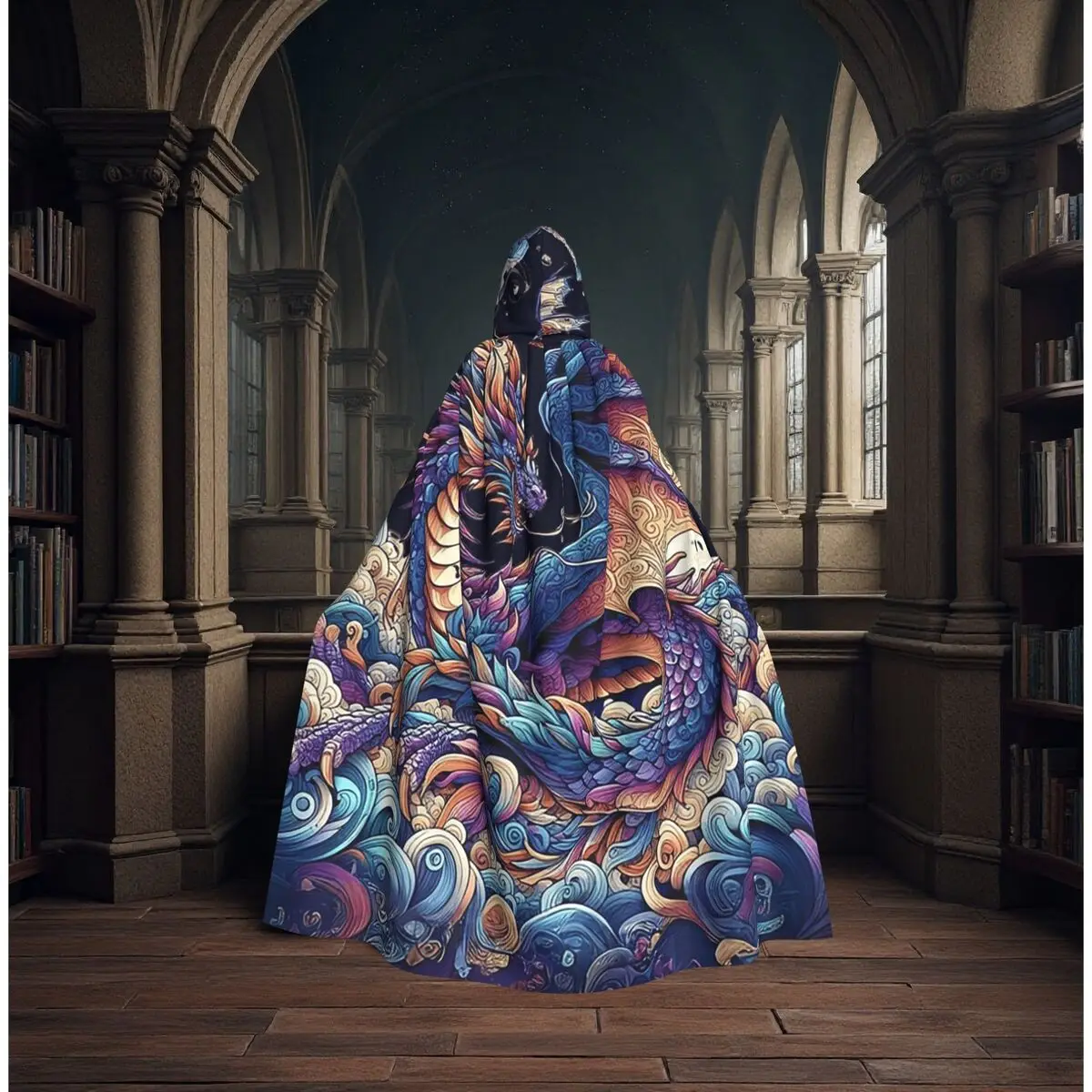 

Azure Fantasy Rainbow Dragon Long Hooded Cloak Witch Medieval Costume Cosplay Cape HalloweenParty Adult Unisex