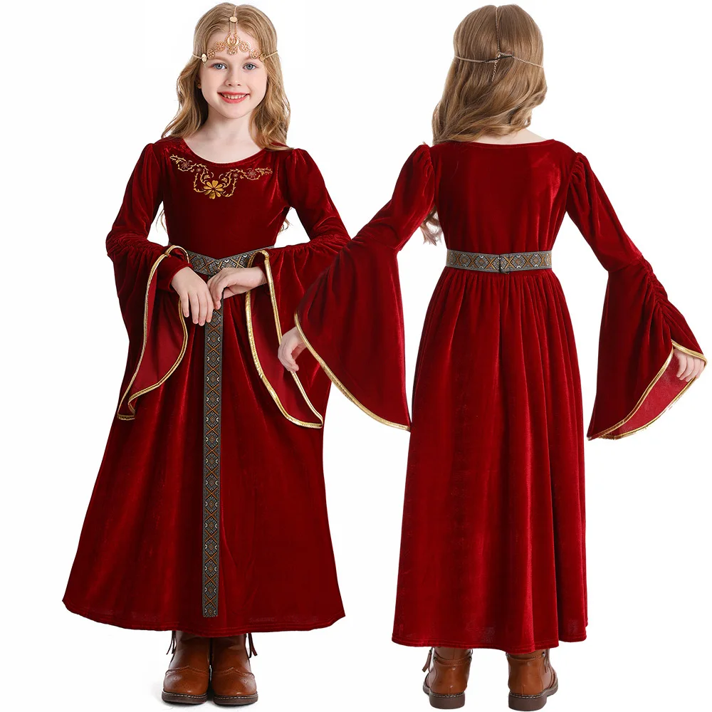 Girls Halloween Europe Middle Ages Retro Palace Ball Young Lady Costume Kids Children Vampire Cosplay Carnival Purim Party Dress