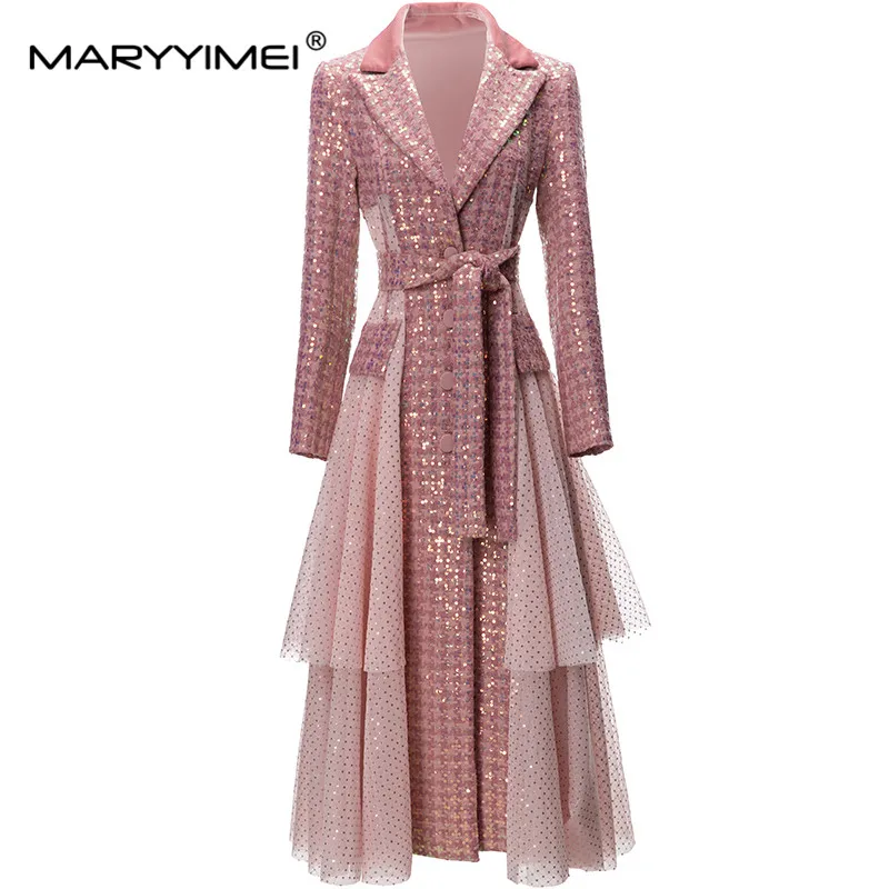 

MARYYIMEI Fashion Designer Autumn/Winter Overcoat Women's Lapel Long Sleeve Girdle Sequin Tulle Ruffle Patchwork Wool Coat