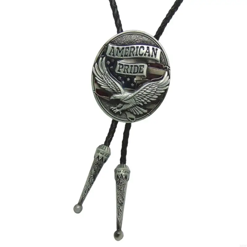 N80C Vintage Cowboy Bolo Tie with Metal US Shield Pendant for Western Enthusiasts Men Women Faux Leather Rope Necktie