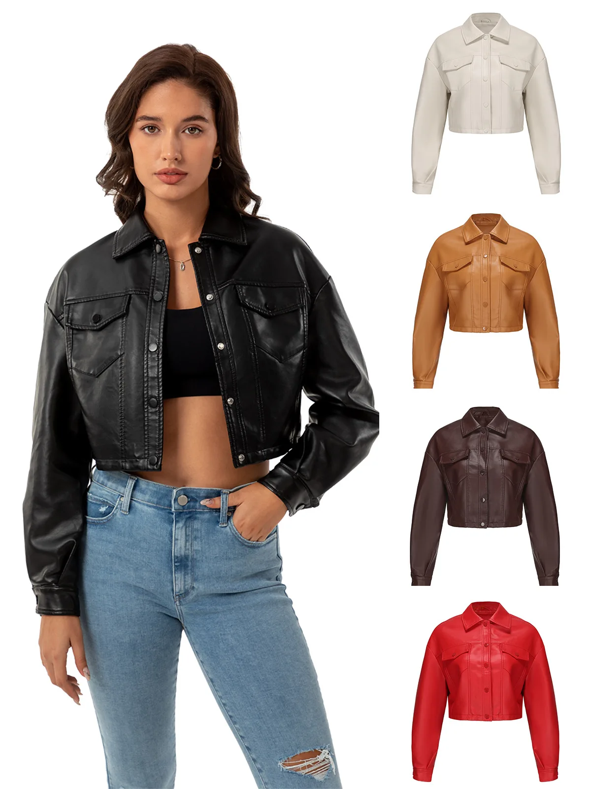 Summer new loose casual leather jacket female long-sleeved single-breasted ladies short PU jacket lapel fashion