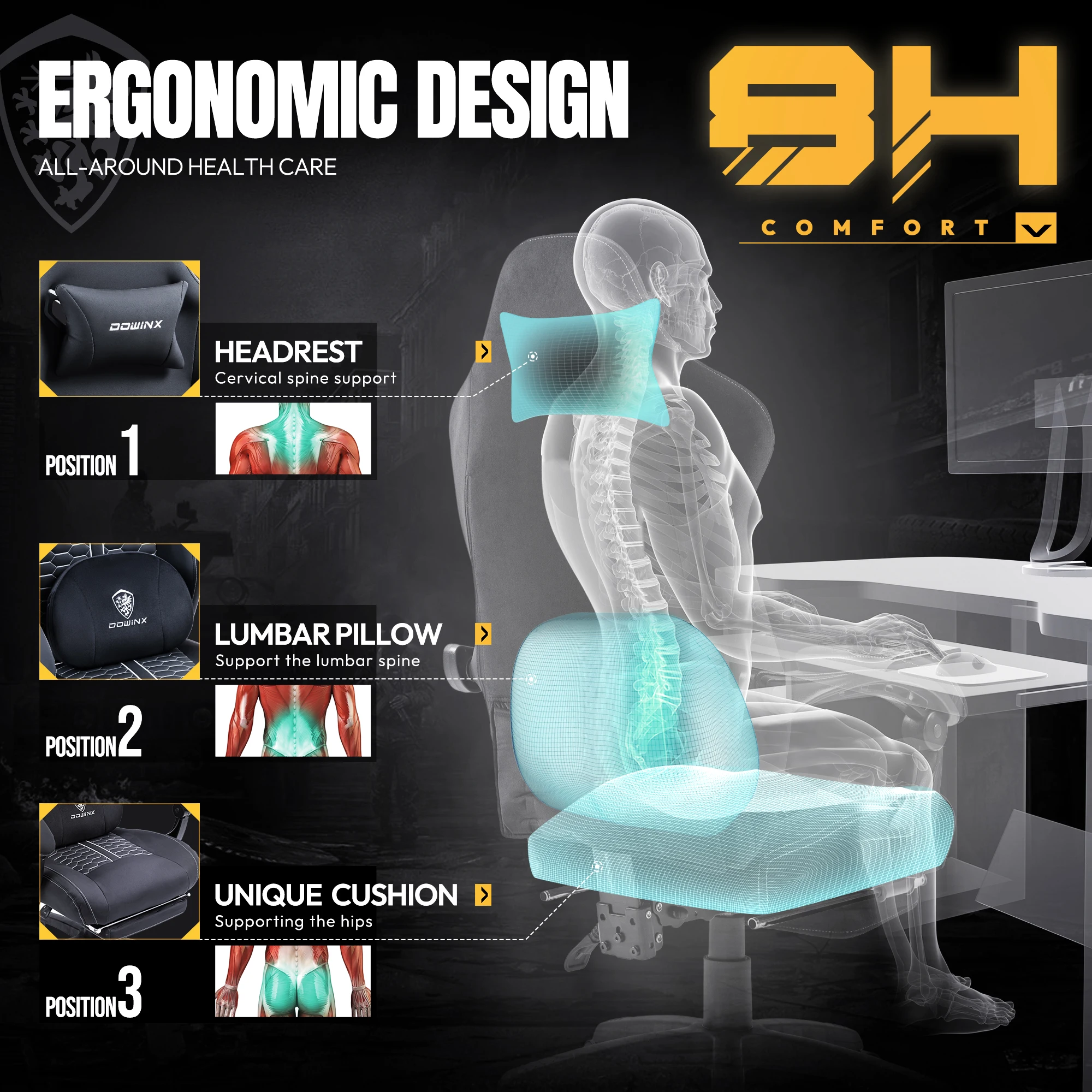 كرسي ألعاب Dowinx مع دعم قطني للتدليك الساخن، كرسي كمبيوتر مريح للألعاب مع وسادة زنبركية للجيب ومسند للقدمين #4