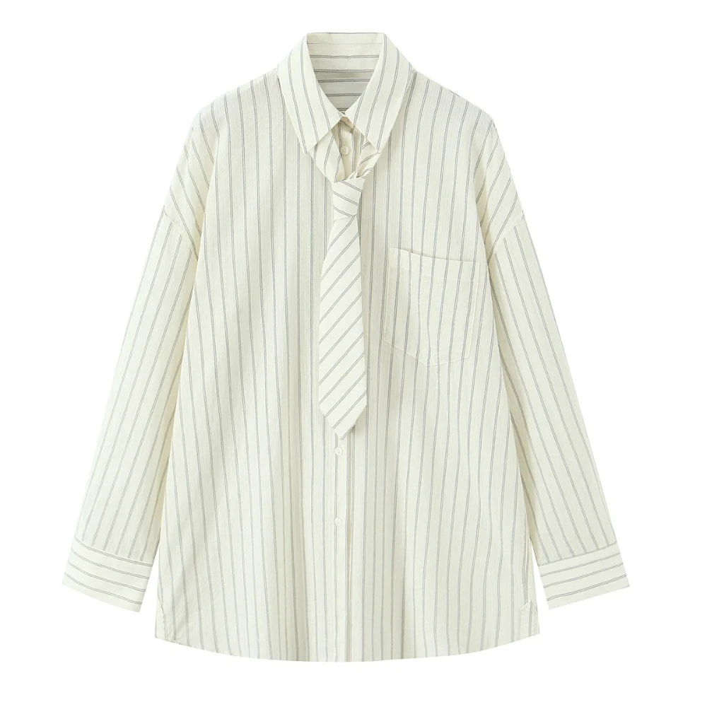 

Весенняя новая женская повседневная модная темпераментная свободная универсальная полосатая рубашка с длинными рукавами и лацканами, топ