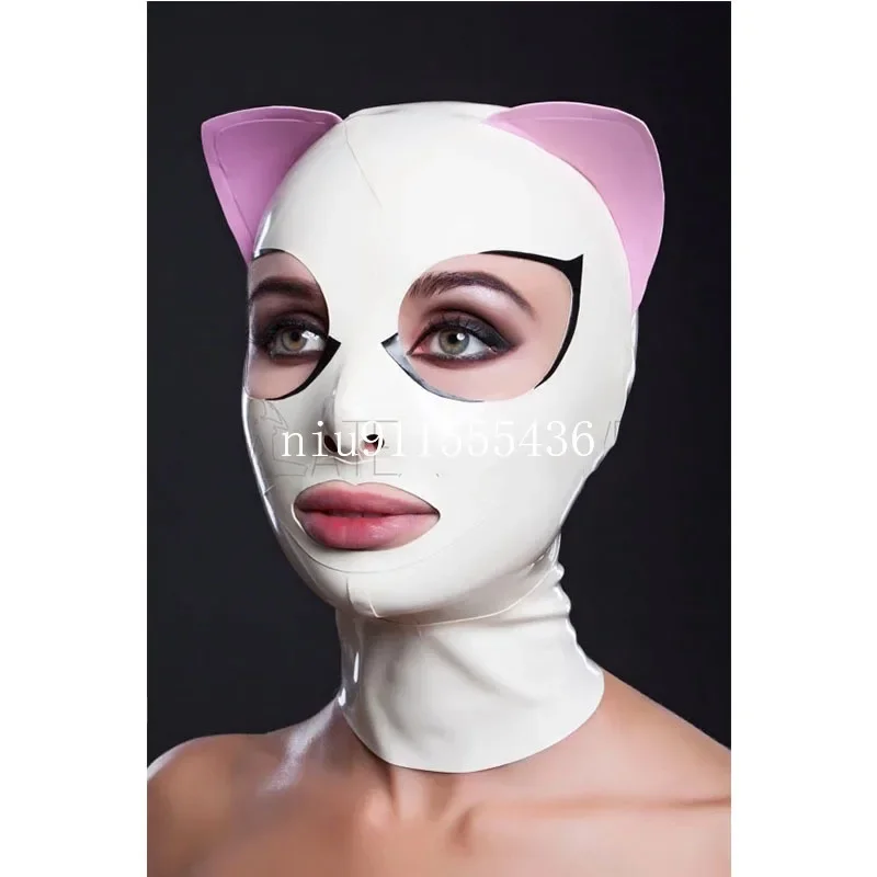 

Handmade Natural Latex Mask White Rubber Hood Cat Ear Cosplay Fetish with Back Zipper Club Wear Halloween Costume for Women