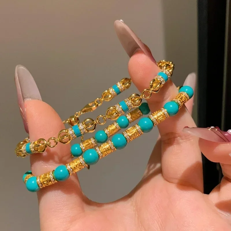 

Vintage New In Chinese Style Turquoise bracelet for women Shining Six Character Proverbs Rod Splicing bangles Green Jewelry Gift