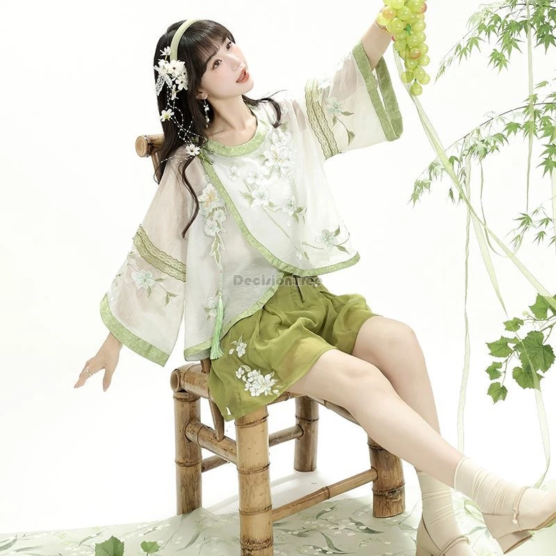 

2025 chinese improved song dynasty daily summer embroidered hanfu round collar long sleeve blouse half skirt 2 piece hanfu set