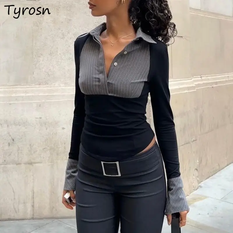 

Лоскутные футболки женские с расклешенными рукавами, тонкие шикарные пуговицы, дизайн в американском стиле, винтажные лацканы BF, сексуальные весенне-осенние укороченные топы Ins