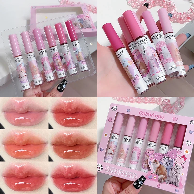 6 Stks/set Schattige Kat Spiegel Water Lipgloss Set Rode Tint Voor Lippen Make-Up Langdurige Glas Lip Glazuur Waterdichte Lippenstift Kit