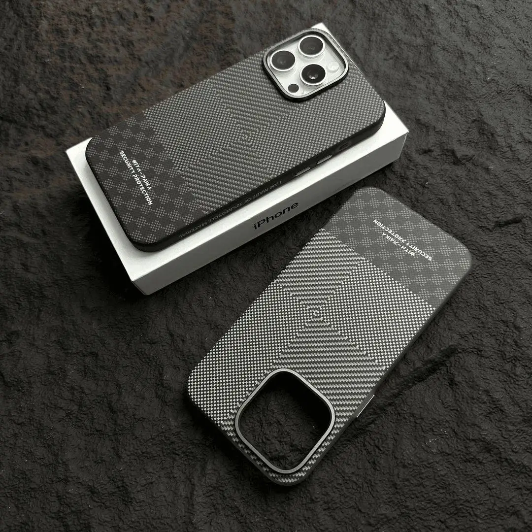 Pinstripe Matte Phone Case for iPhone 12, 13, 14, 15 Pro Max - Shockproof, For MagSafe, Carbon Fiber Soft-Edge Hard Shell