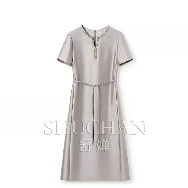 Grado de lujo 32 Mmi lana de seda industria pesada cuentas vestido de manga corta mujeres Vestidos femeninos Frete gratis