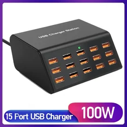 100W Universal USB Charger 15 Ports 2.4A USB-A Smart Charging Station for Tablet Iphone 16 15 14 13 12 11 Pro Max Samsung