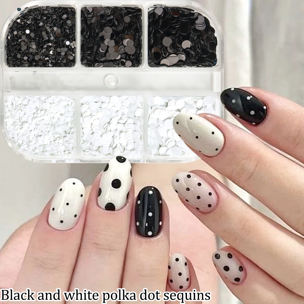 Black and White Polka Dot Glitter Nail Art Accessories, Retro Floral Patchwork Glitter Nail Art, DIY Versatile Round Dot Glitter