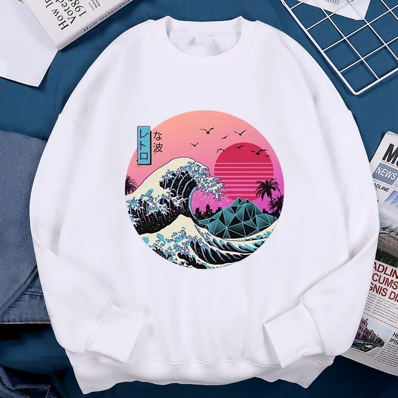 Japanese ukiyo-e sunset waves men women hoodie Harajuku fleece warm sweatshirt fashion oversize streetwear loose autumn hoodies