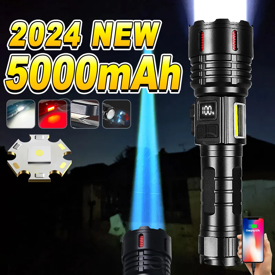 2024 5000mAh High Power Rechargeable LED Flashlight USB Ultra Powerful Flashlight Magnetic Tactical Cutting Rope Torch Camping