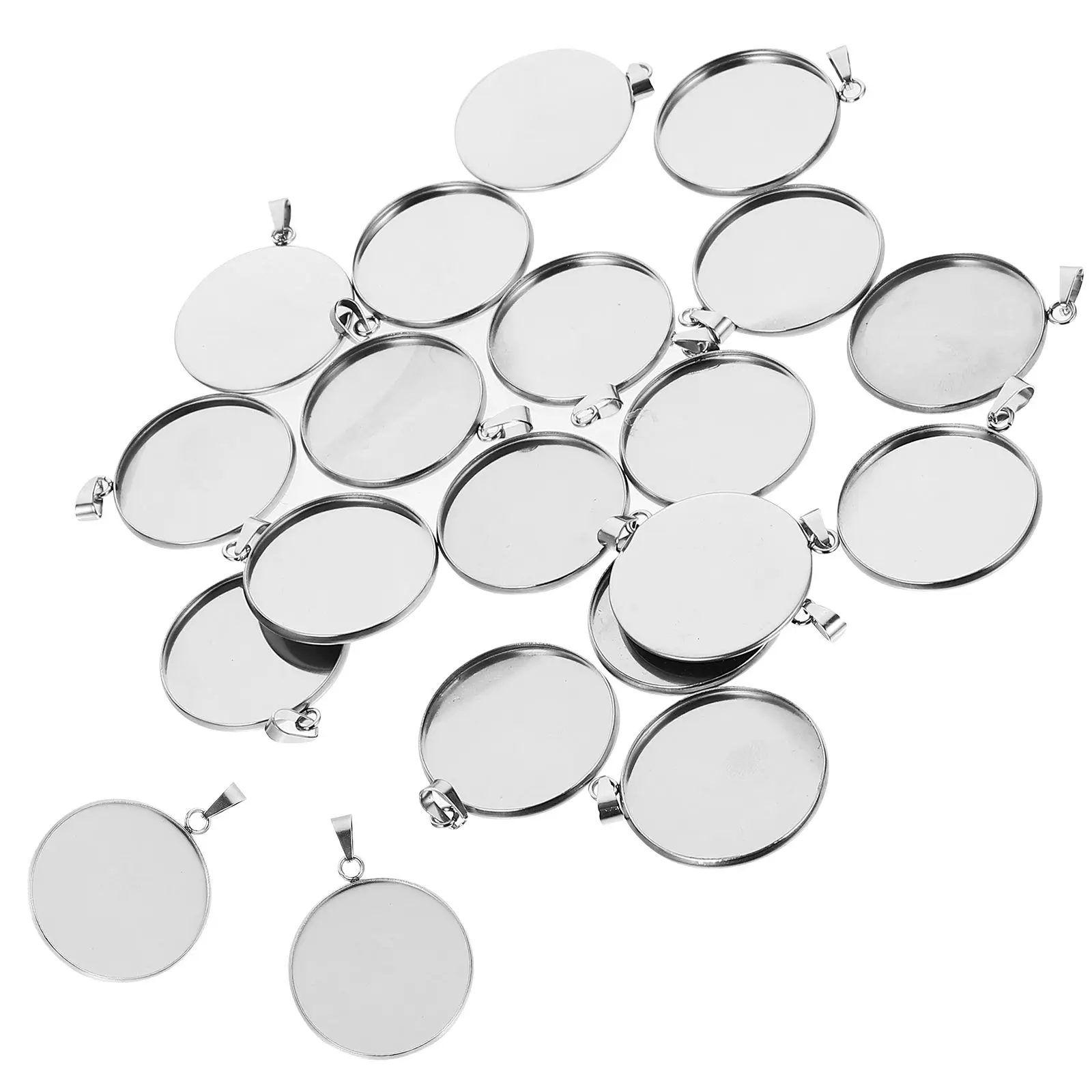 

20 Pcs Stainless Steel Pendant Trays Kit Necklace Making Bracelet Charm DIY Jewelry Base Set Round Cork Bases Storage Silver