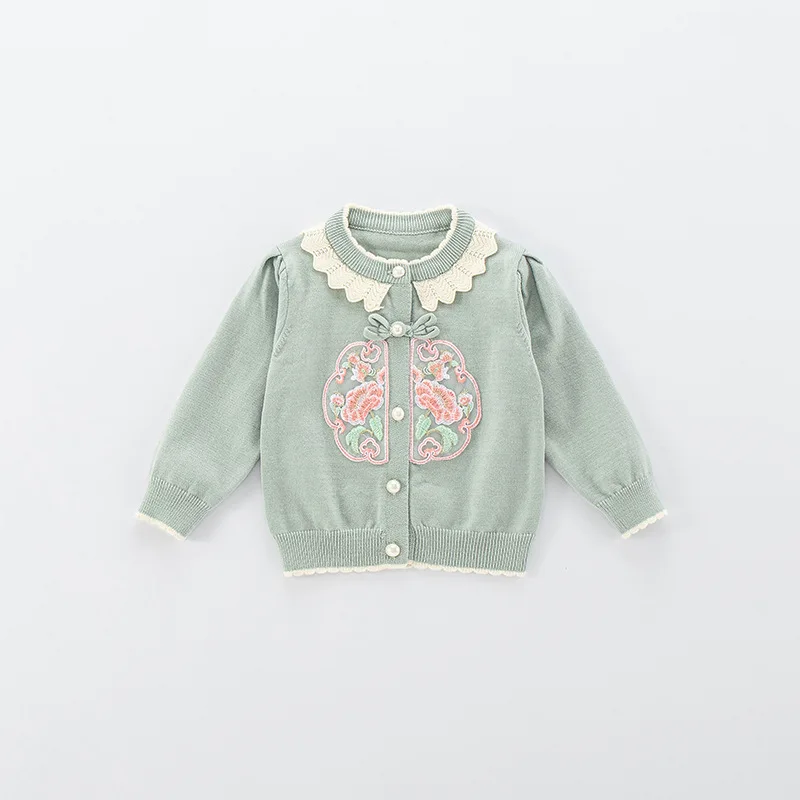 Autumn New Newborn Girls Sweater Single Breasted Lace Collar Floral Embroidery Baby Girls Cardigan Patched Infant Girls Knitwear