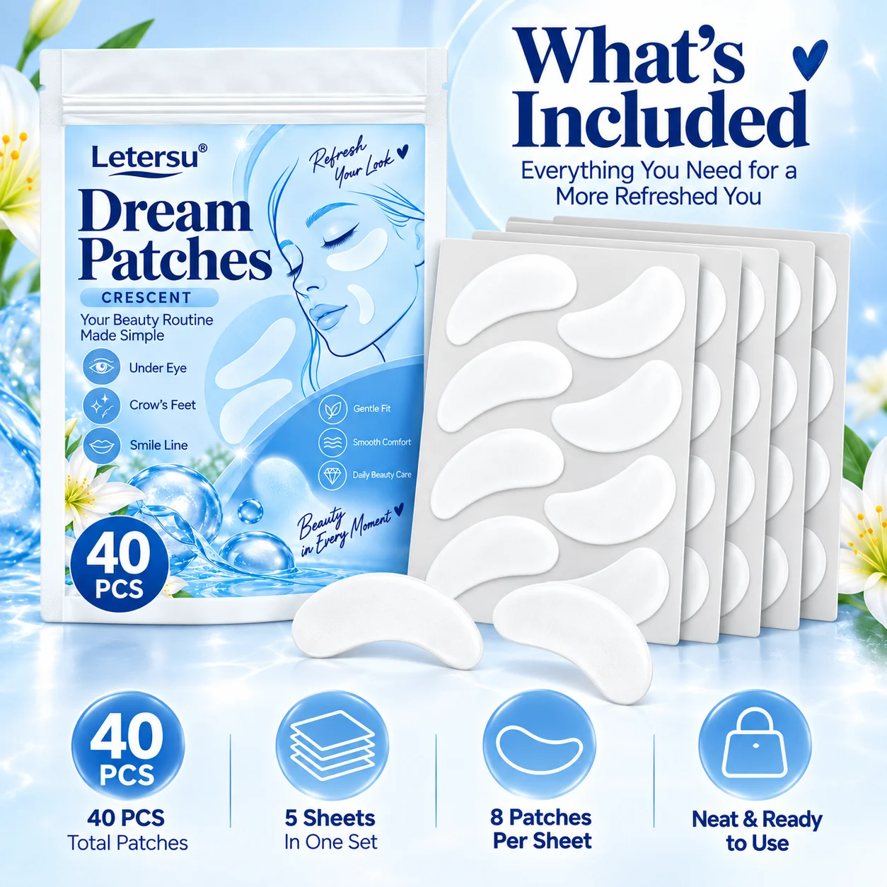 40PCS Under Eye Patches Crescent Face Patches for Eye Cheek Smile Line Soft Comfortable Facial Skin Care Beauty Patch Set