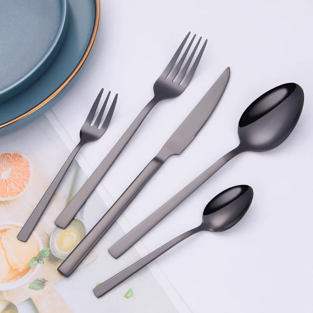 5Pcs Black Western Dinnerware Set Stainless Steel Cutlery Set Fork Knife Safe Flatware Set Silverware Spoon Tableware Dishwasher