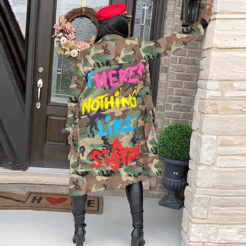 Casual Fashion Camouflage Printed Patchwork Mid Length Coat for Women 2023 Autumn Winter Turn-down Collar Pocket Cardigan
