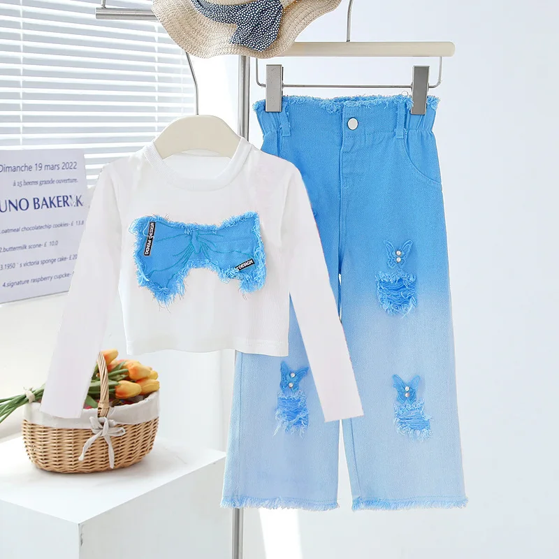 New Autumn Girls Clothing Set Full Sleeve Bow Embroidery Shirt +Butterfly Decoration Gradient Ripped Jeans 2Pcs Suit For Kids