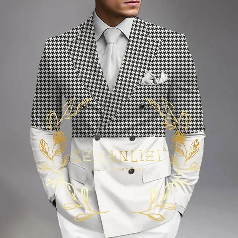 

Men's Suits White And Houndstooth Double Breasted Wedding tuxedo 2 Piece Set Jacket & Pants Fashion Business Formal Tailored Fit