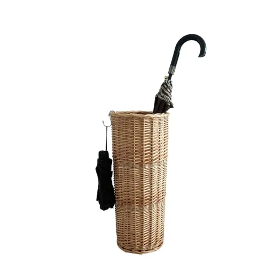 

Natural Rattan Umbrella Stand for Entryway 21.2H x 9.4L x 9.4W Detachable Drip Tray and 2 Metal Hooks Storage for Umbrellas Can