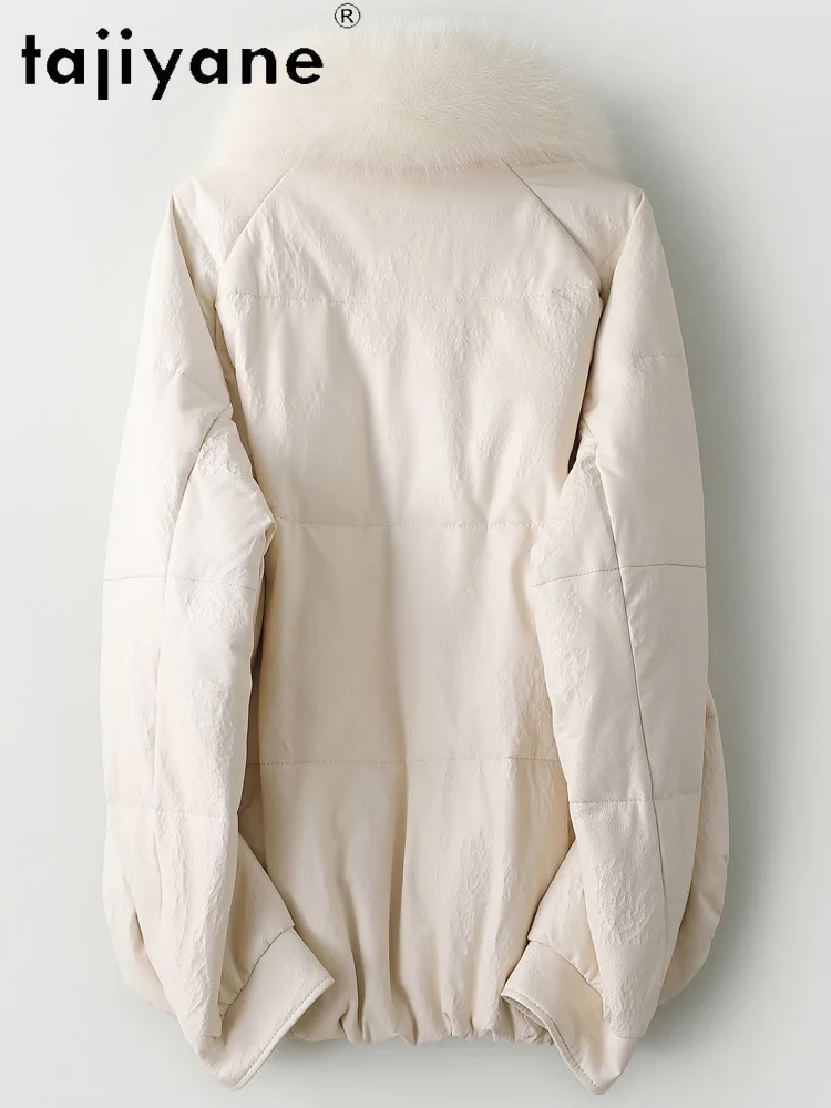 TAJIYANE 100% جلد الغنم أوزة أسفل معطف قصير الجلد الحقيقي سترة منفوخة النساء مع الثعلب الفراء طوق الملابس الشتوية 2025 doblianка