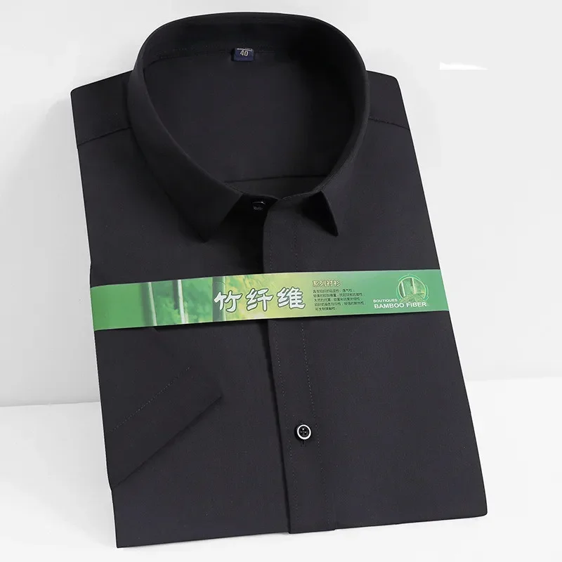 

2023 Bamboo Fiber Summer Solid Short Sleeve Causal Business Office Slim Fit Dress Shirts Plus Size