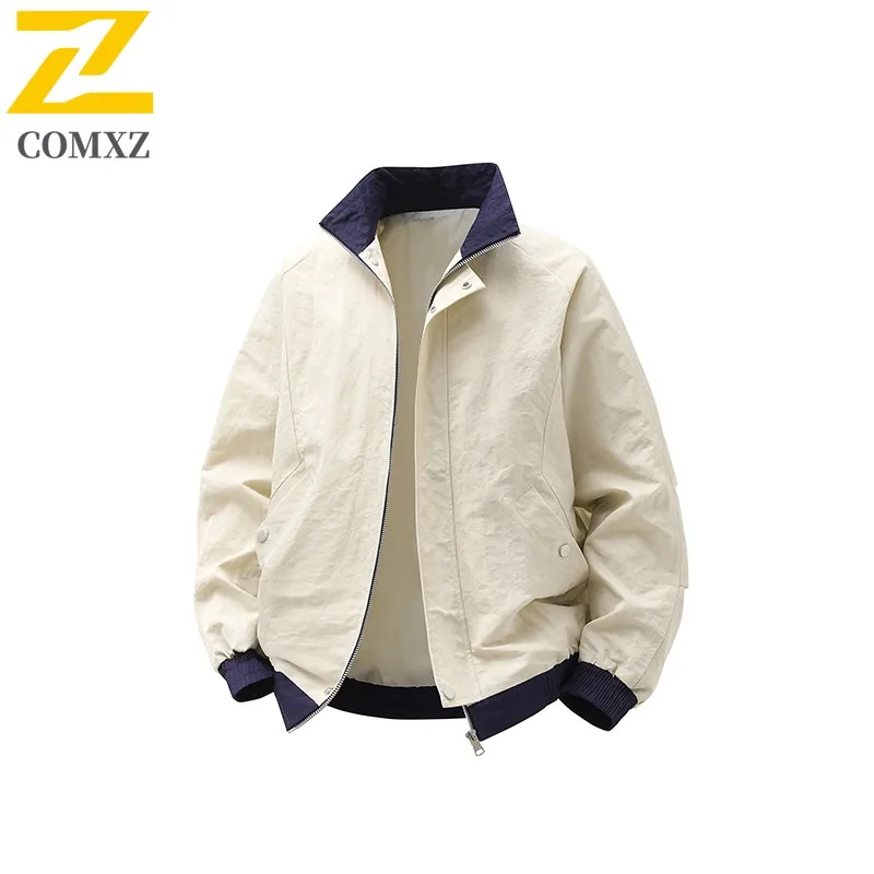 COMXZ Men Windbreaker Jacket Waterproof Stand Collar Outdoor Hiking Color Block Camping Jackets 2025 Walking Comfortable Coat
