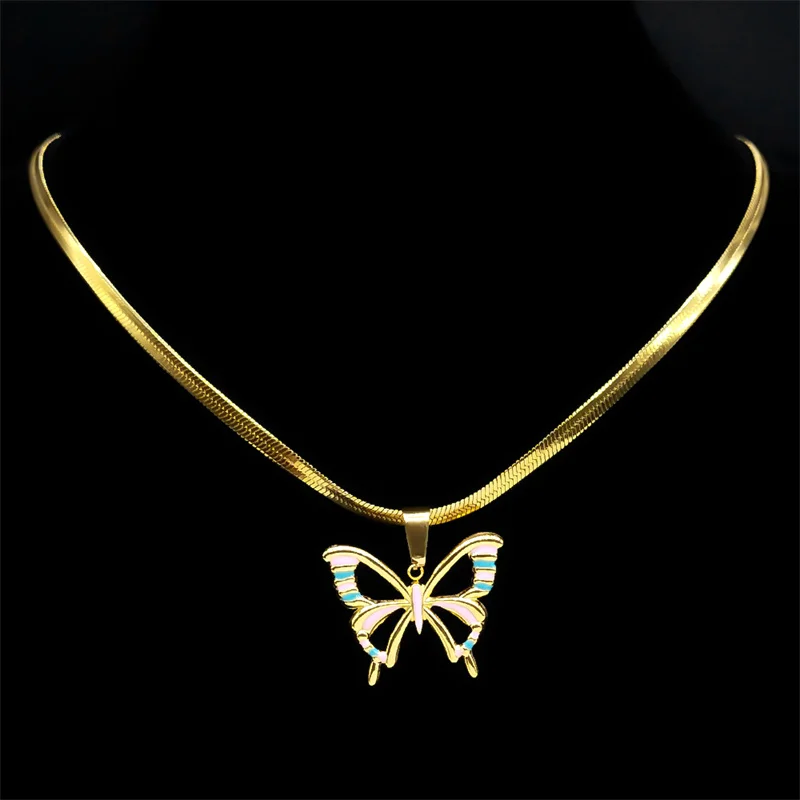 Buttefly Hollow Enamel Pendant Necklace Women Stainless Steel Gold Color Vintage Insect Choker Necklaces Jewelry Gifts NZZZ388