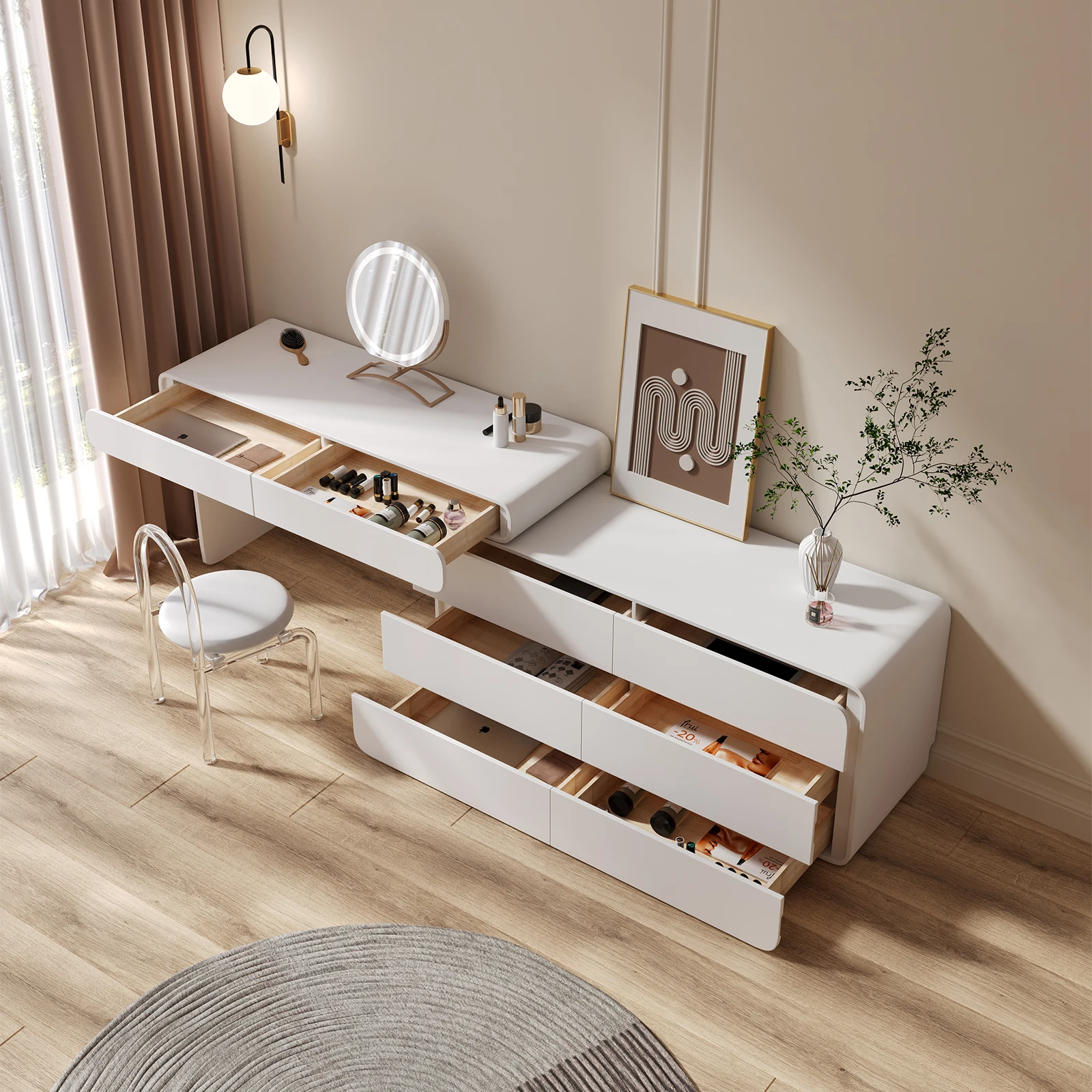 White study table Modern computer desk with bookshelf and cupboard for home office dresser, makeup table with drawers