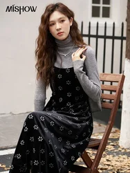 MISHOW Women's Velvet Flower Print Camisole Dress 2024 Autumn Winter Fashion Waist Pleated Slip Dresses Office Lady MXC56L1626