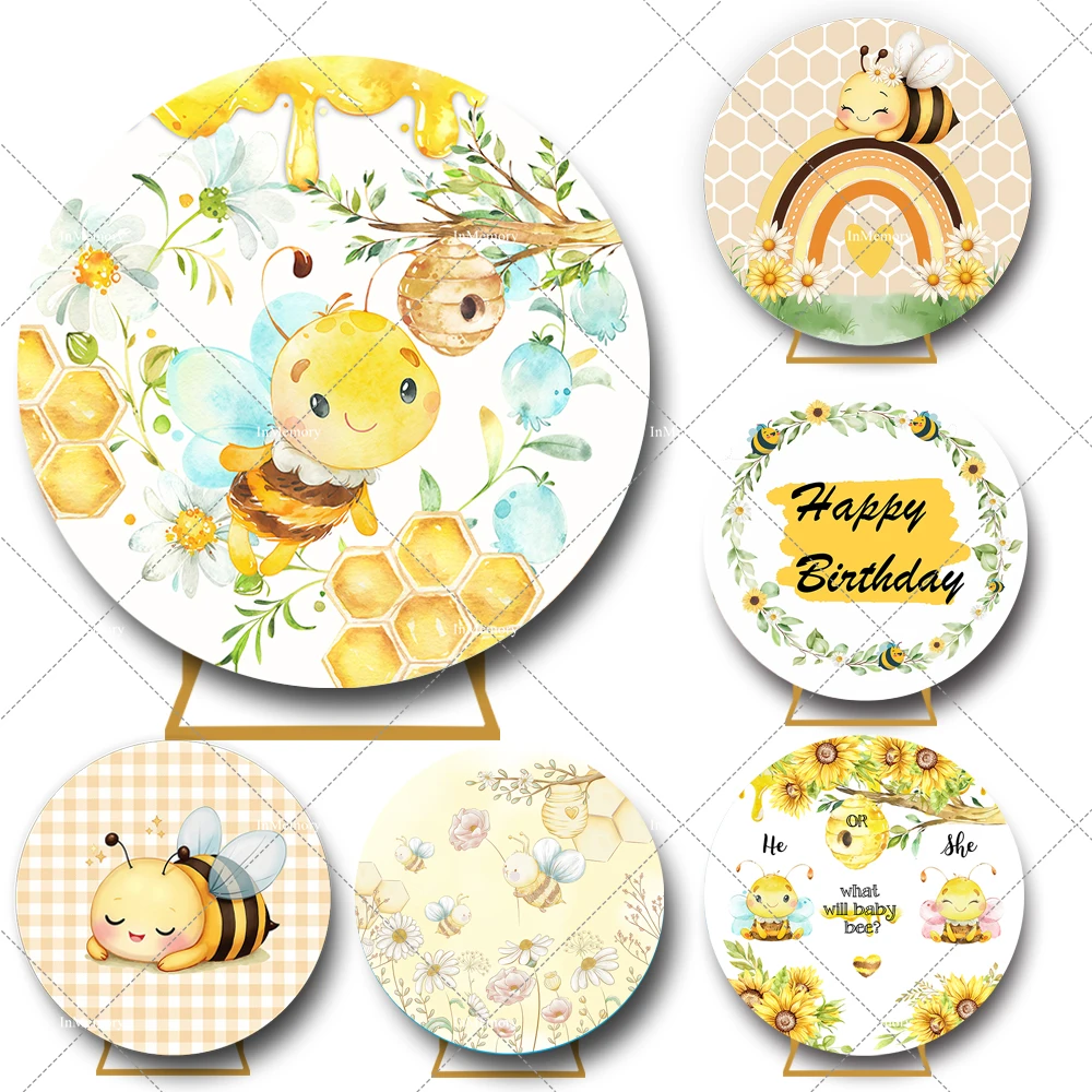 Sweet Bee Day Round Backdrop Cover Circle Background Yellow Honey Tree Kids Baby Shower Gender Reveal 1st Birthday Party Banner