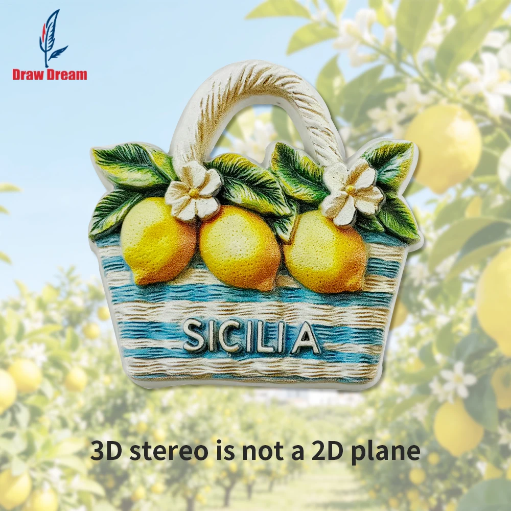 Imán de nevera 3D con diseño de cesta de limones de Sicilia, Italia, recuerdo de viaje, colección de recuerdos de viaje, adecuado para decoración del hogar y la oficina, imán de nevera magnético exclusivo y personaliza