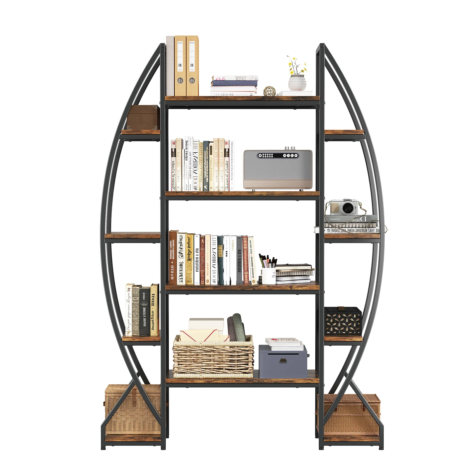 Bookcase Oval Bookshelf Industrial Vintage Metal Wood Bookcase for Displaying Collectibles Books Photo Frames Decorative Items