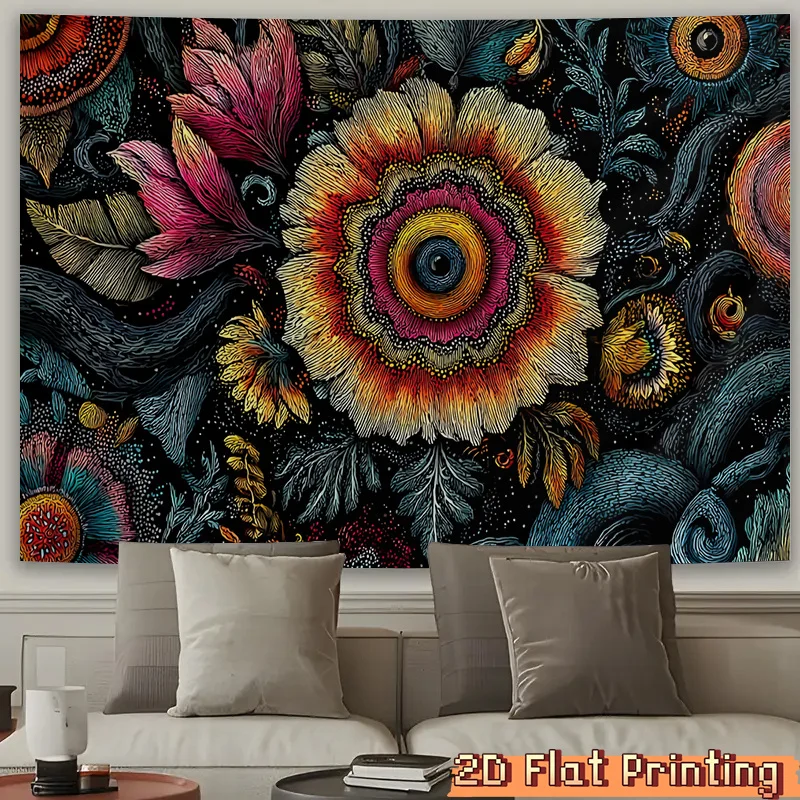 Tapiz Plano 2D, 1 Pieza Horizontal con Motivo Floral y Ojo Estrellado - Pétalos Coloridos, Hoja Enrollada y Detalles Estrellados