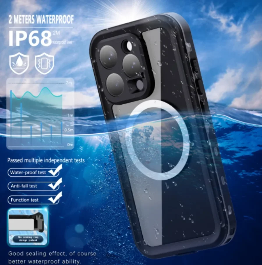 

Противоударный пылезащитный водонепроницаемый корпус IP68 для iPhone 16e 16 15 14 Plus 13 Pro Max MagSafe Магнитный чехол для телефона для дайвинга и плавания