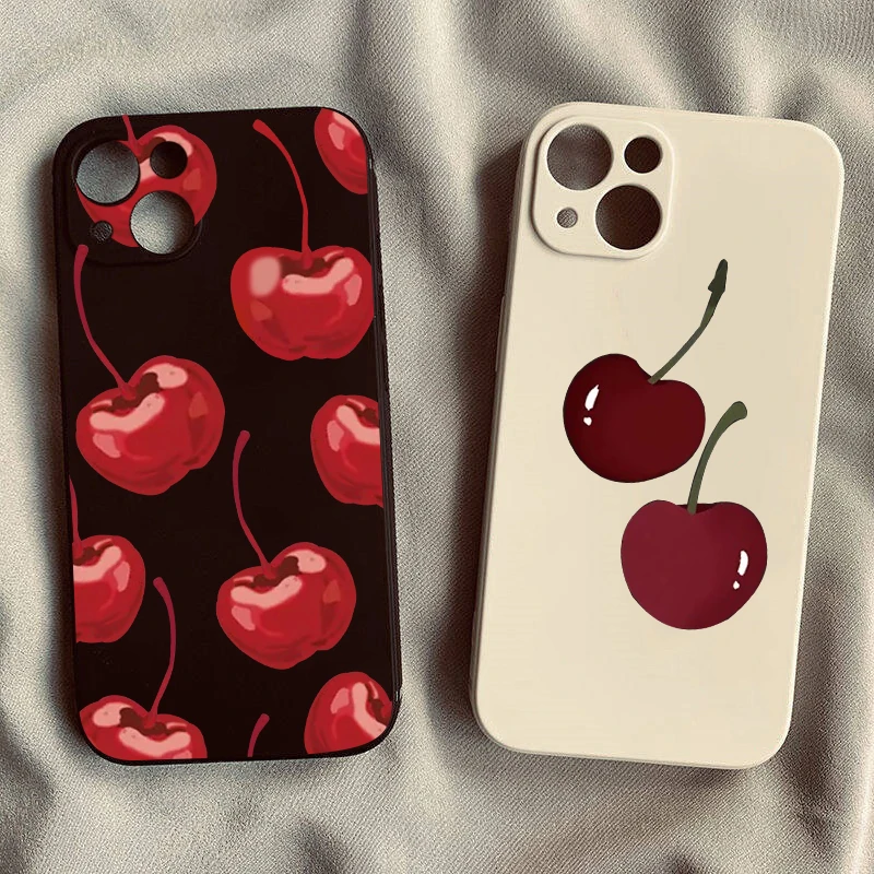 Cherry Phone Case For iPhone 16 14 15 13 Pro Max 11 12 XR 7 8Plus INS Korea Cute Fruit Soft Silicone Cover Black White Matte Bag