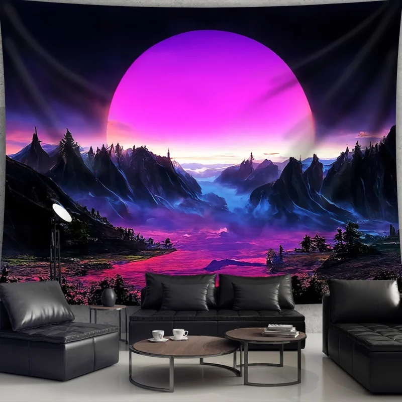 Enchanting Purple Planet Mountain Landscape Tapestry Polyester Fiber Wall Hanging for Living Room, Bedroom, Office or Party