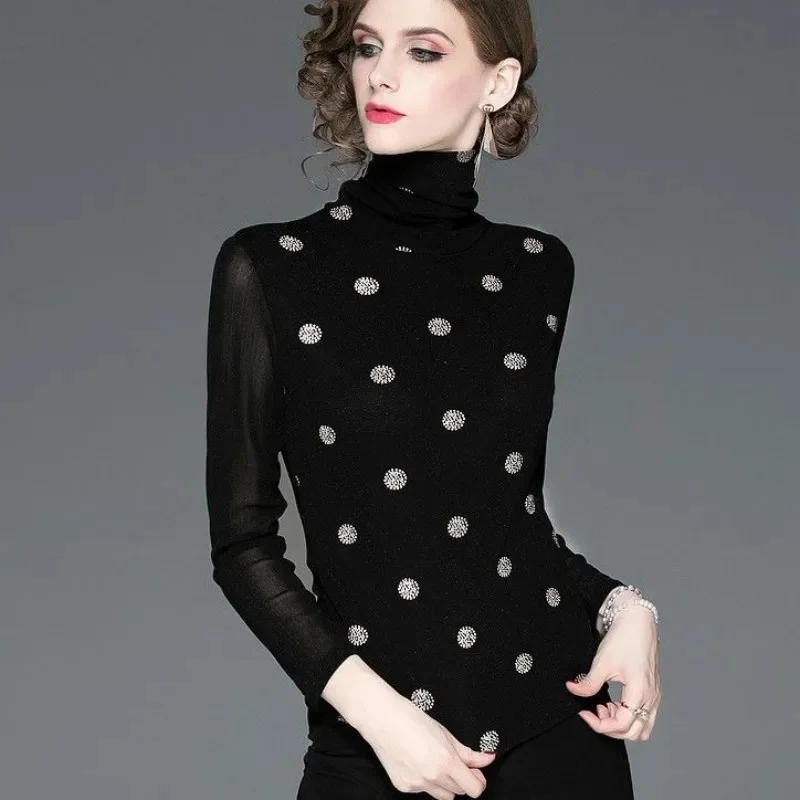 Women Spring Autumn Style Mesh Blouses Shirts Lady Slim Long Sleeve Turtleneck Polka Dot Sequins Blusas Tops